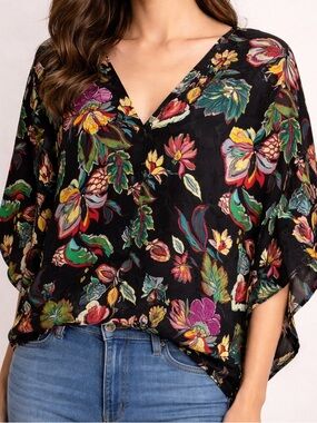 Natori Silk Floral Blouse Black Multicolor Kimono Sleeve V Neck Top Medium